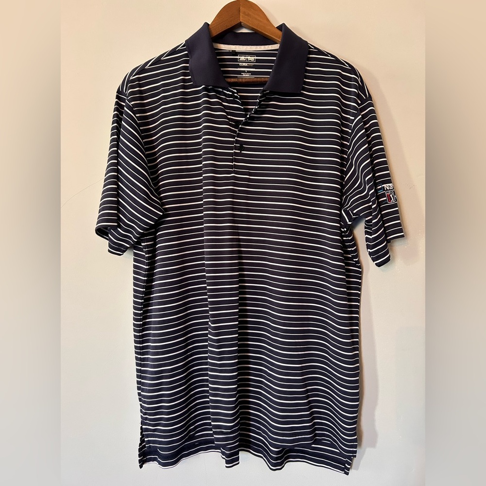 Adidas Climalite LG PGA Blue White Striped Short Sleeve Polo Shirt Summer Golf